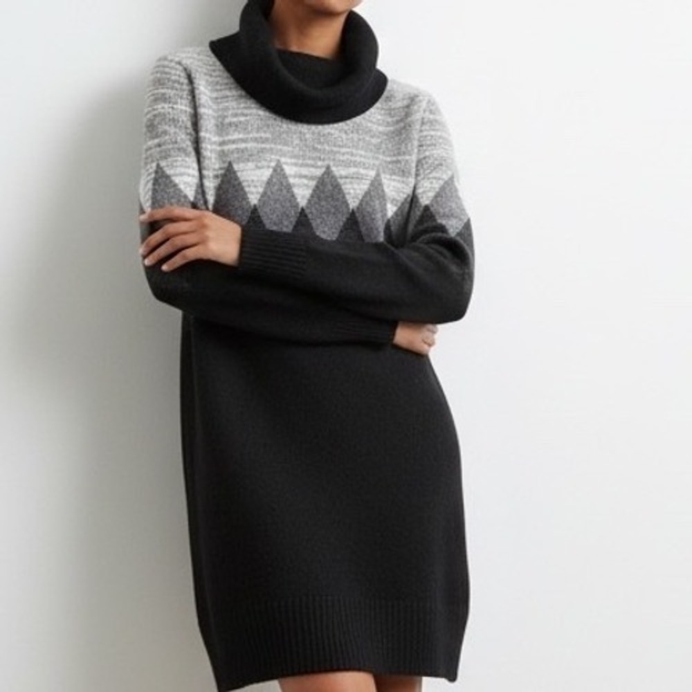By & By Womens Gray Black Argyle Cowl Neck Long Sleeve Sweater Dress Large